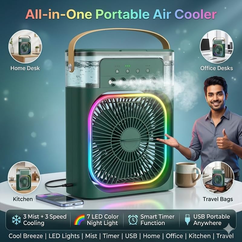 Image of Drumstone Portable USB Mini Air Cooler Fan with Water Mist & Timer, 3 Speed Personal Desk Cooling Device with LED Light for Home, Office & Travel Use