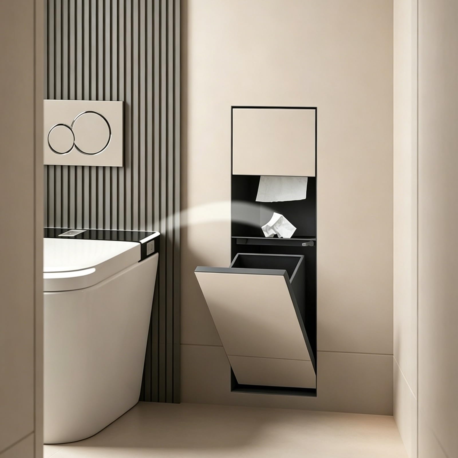 MESCXTY 4-in-1 Recessed Wall Niche, 304 SS Tissue Holder, Trash Bin & Toilet Brush Set