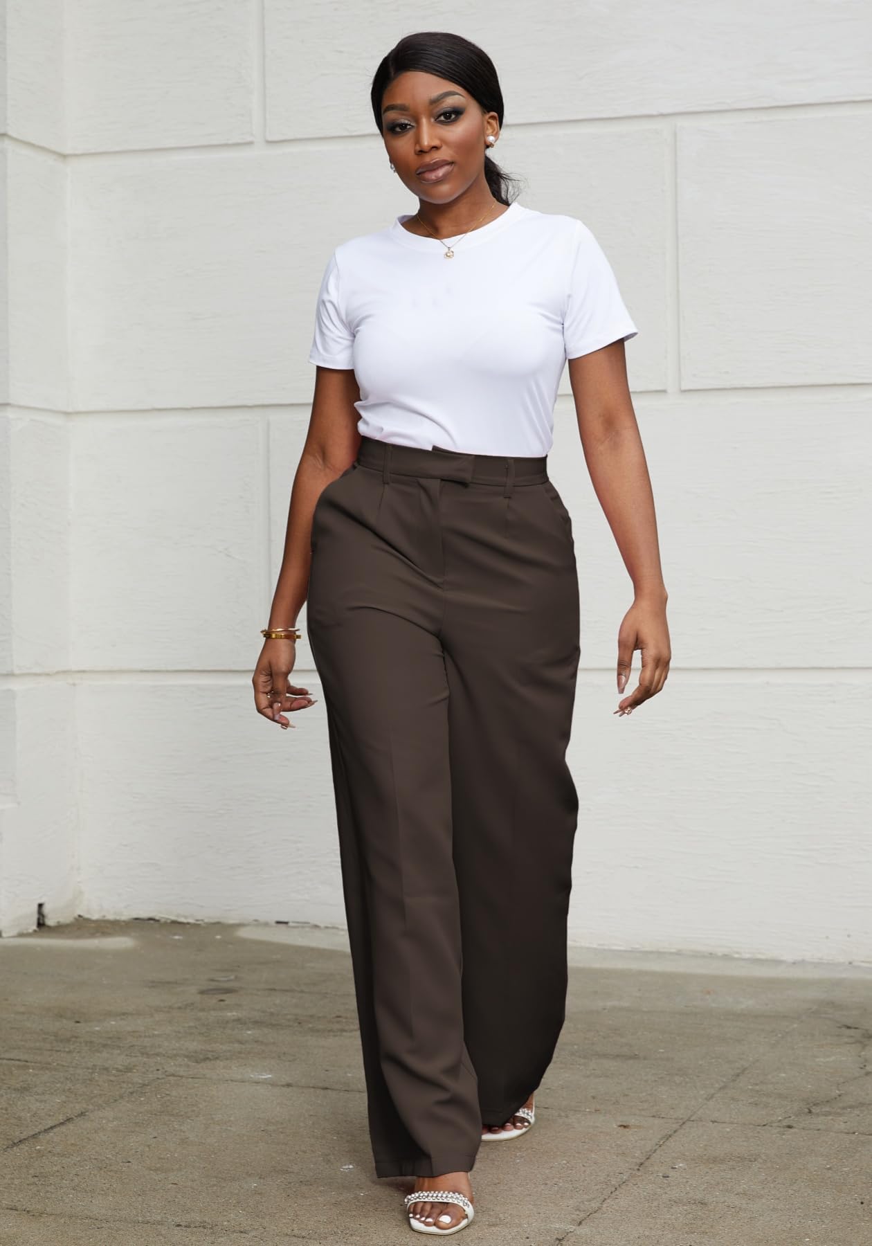 Lucuna Pantalones de vestir de pierna ancha para mujer, cintura alta, pierna recta, pantalones de trabajo para negocios, oficina