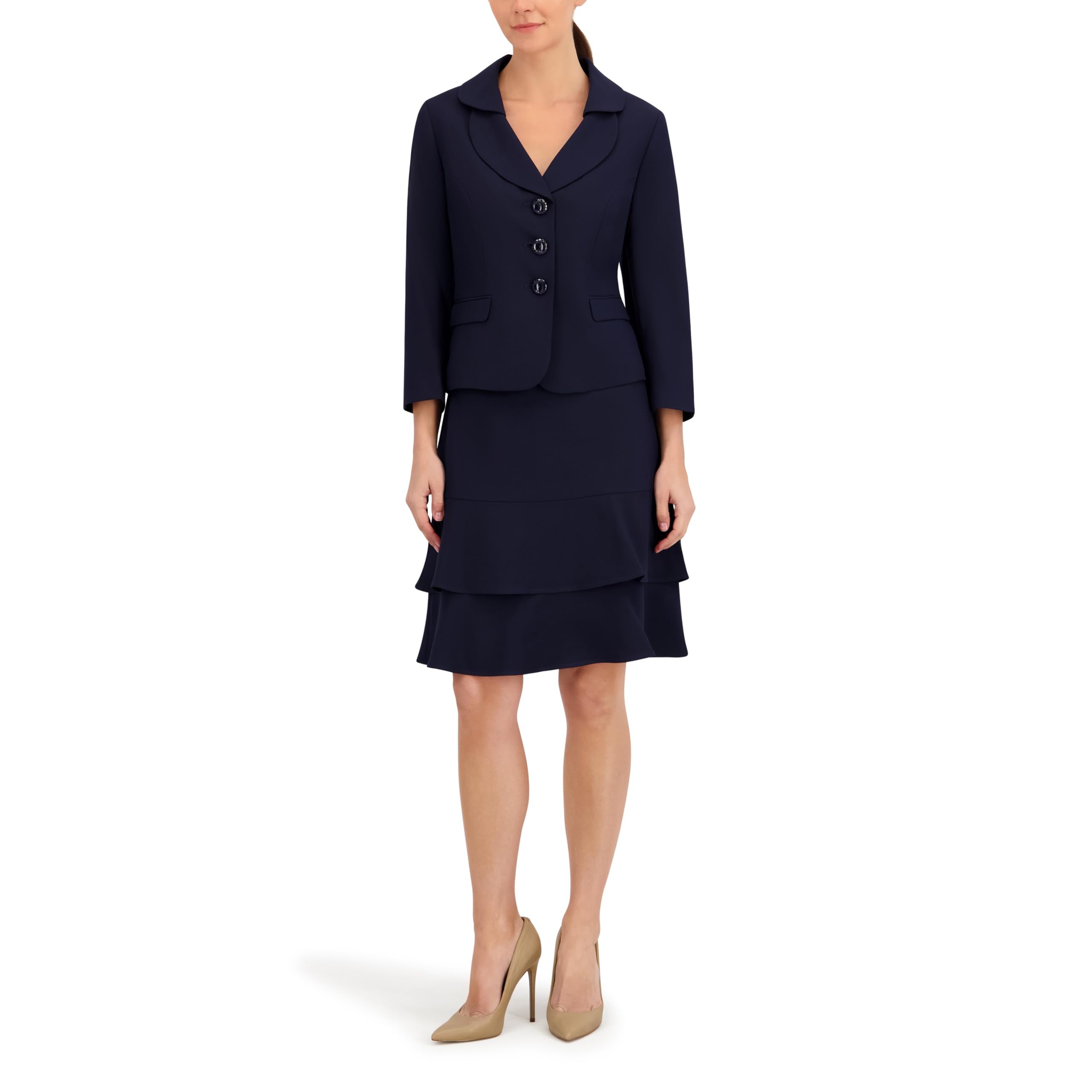 Le Suit Petite Three Button Blazer and Tiered Ruffle Skirt 2pc Set
