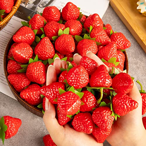 Clesdf Artificial Red Strawberries, 40Pcs Fake Lifelike Fruit Plastic Strawberries For Home Kitchen Party Decor Photography Prop #TOP4