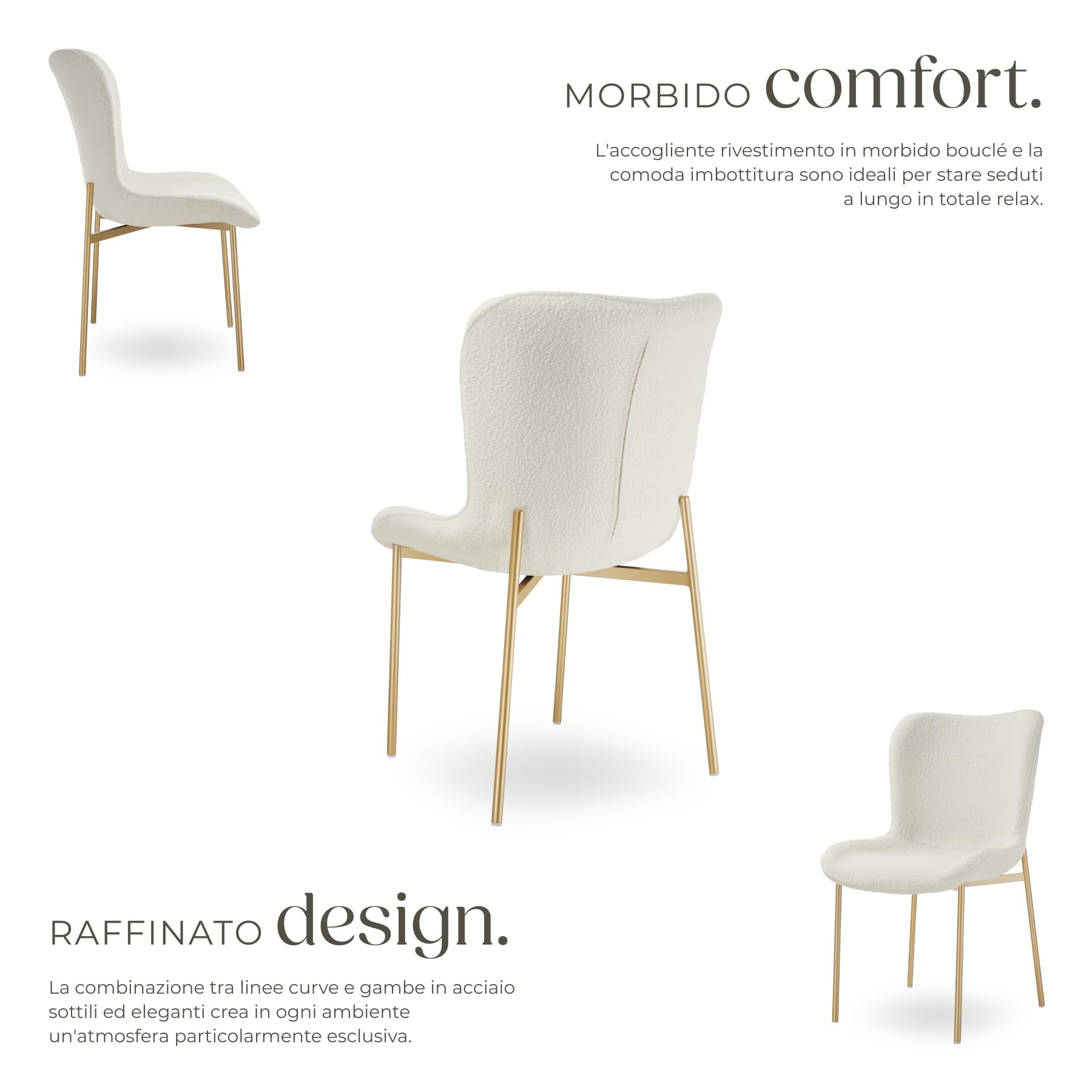 tectake® Poltrona in Stile Scandinavo, Seduta Ergonomica, Gambe in Acciaio, Cappucci Antiscivolo, Sedia Sala da Pranzo, Cucina, Sedia Soggiorno - Bouclé Bianco/Oro