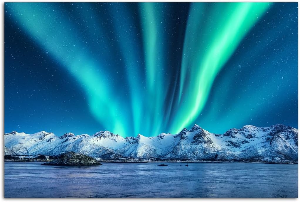 Yatehui Aurora Poster Teal Blue Canvas Wall Art Nature Picture Wall Decor Ready to Hang 16x24 Inch