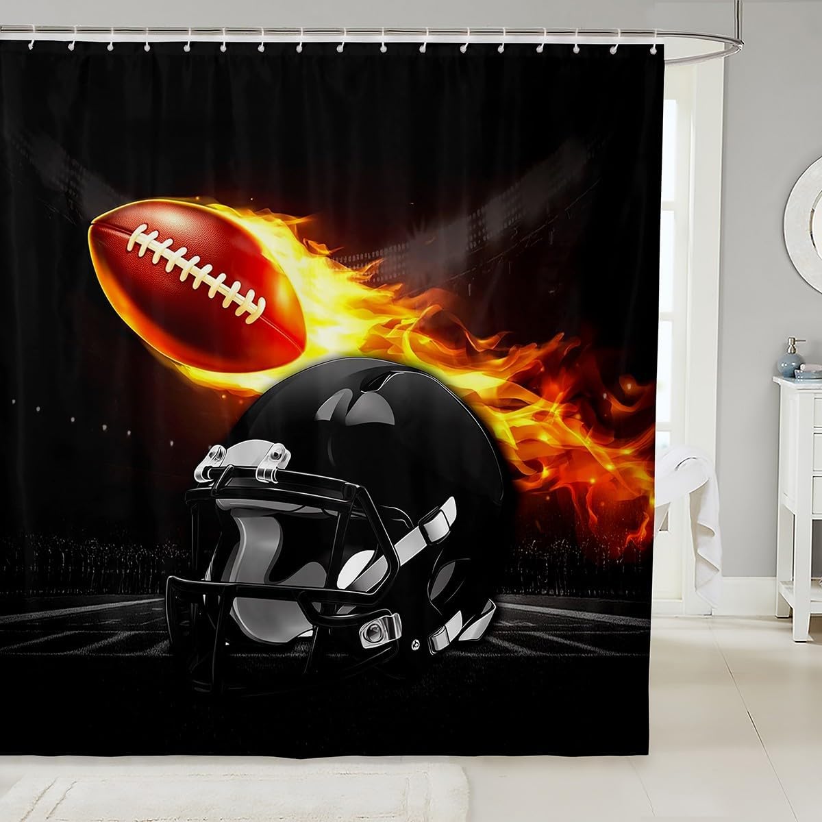 Homewish American Football Kids Shower Curtain,3D Flame Football Bathroom Curtain for Boys Teens Men Bathtub Decor,Black Rugby Helmet Waterproof Curtains Modern Cool Bath Curtains,12 Hooks,72" Wx72 L