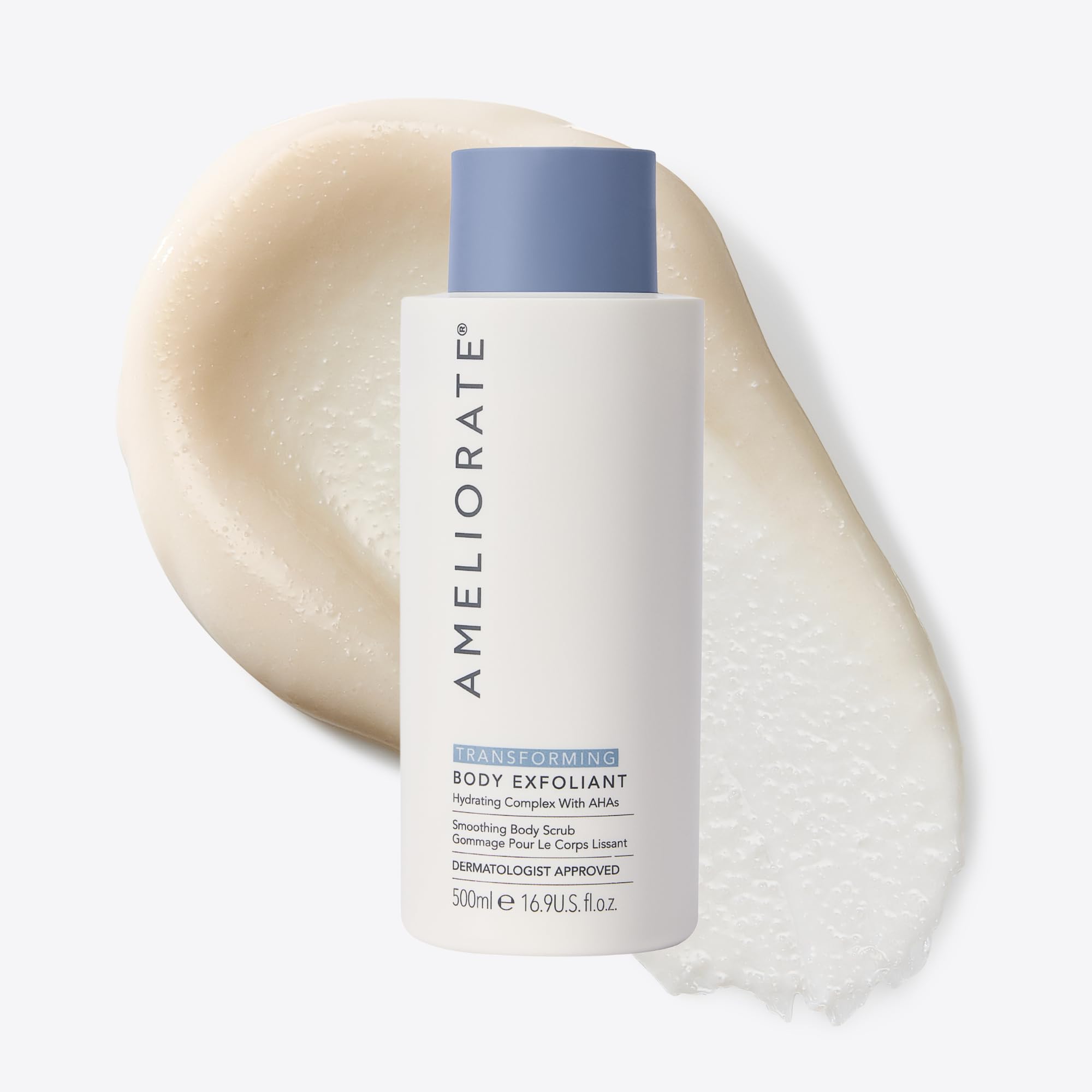 AMELIORATE Transforming Body Exfoliant 500ml for Keratosis Pilaris (KP), Bumpy & Dry Skin | Dual-Action AHA & Bamboo Scrub | Hydrating & Smoothing | Dermatologist Approved
