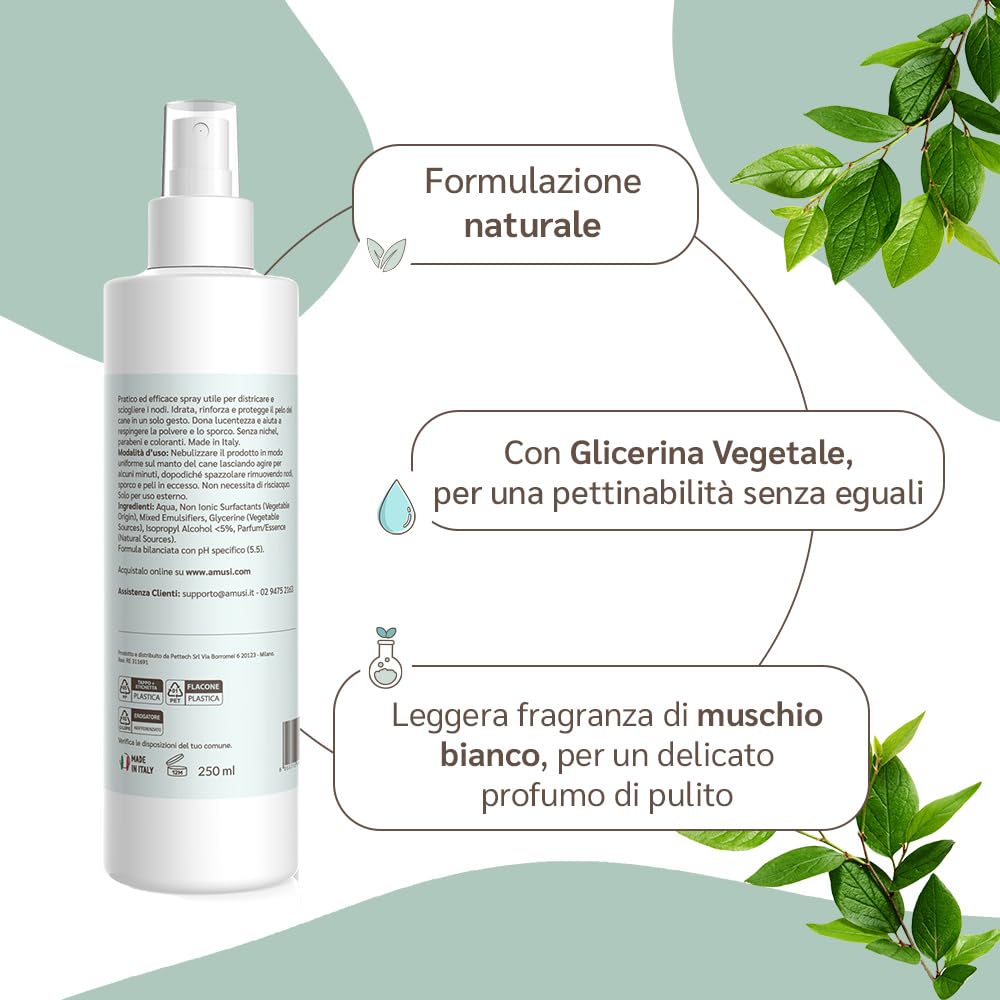 amusi Balsamo Cani Pelo Lungo Spray Sciogli Nodi Pelo Cane 250ml - Made in Italy, Formula Ipollergenica, Lucida, Condiziona, Nutre, Effetto Antistatico, Balsamo per Cani Spray, Districante Pelo Cane