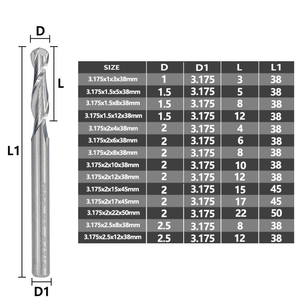 1 Stück Kugelkopffräser 3,175 Mm Schaft – 2-flütig, Hartmetall, Für Aluminium, Acryl, Holz, CNC