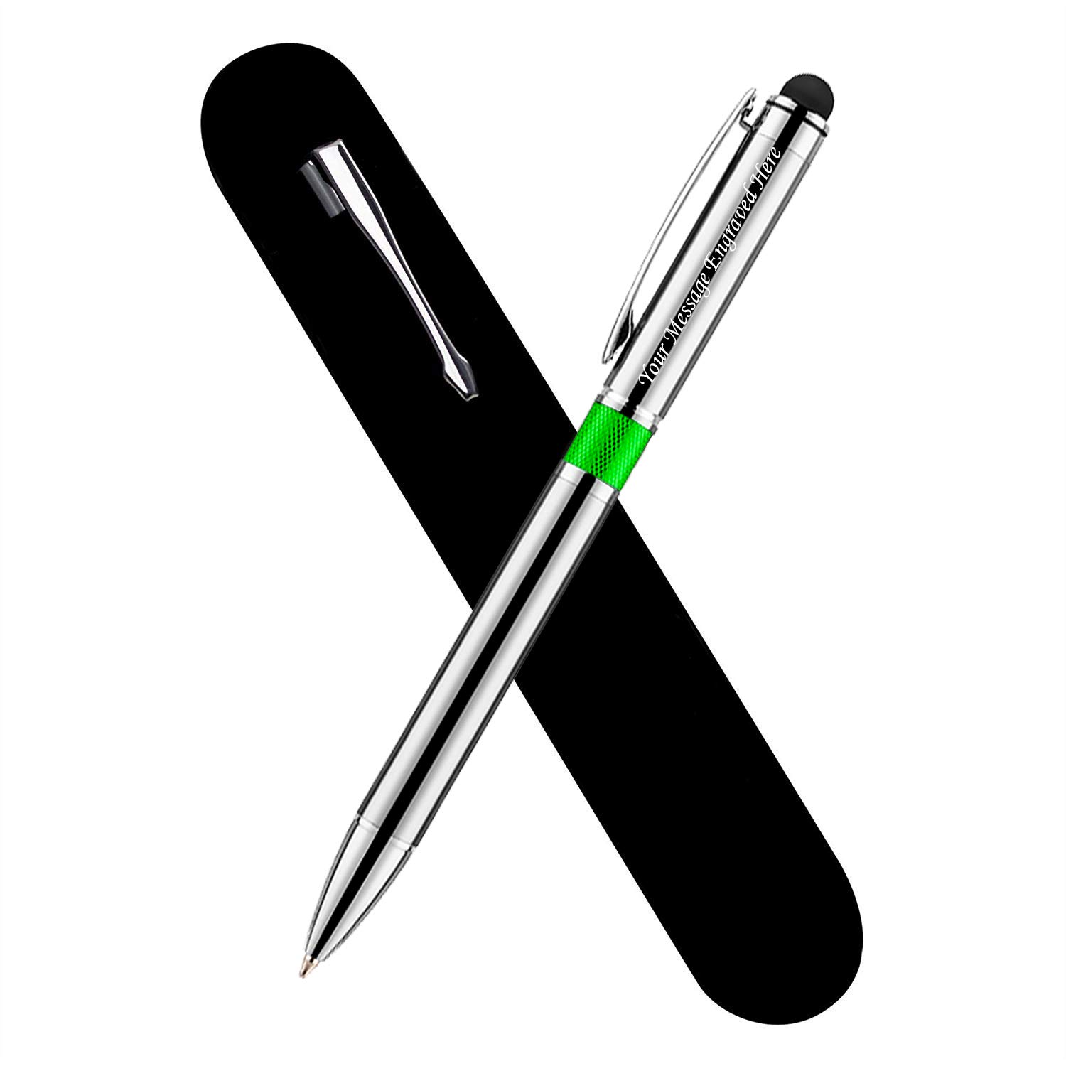 Paul Clover Promotional Personalised Laser Engraved Metal Ballpoint Touch Pen - Comes In An Elegant Velvet Pouch Available in 6 Colours (Green)