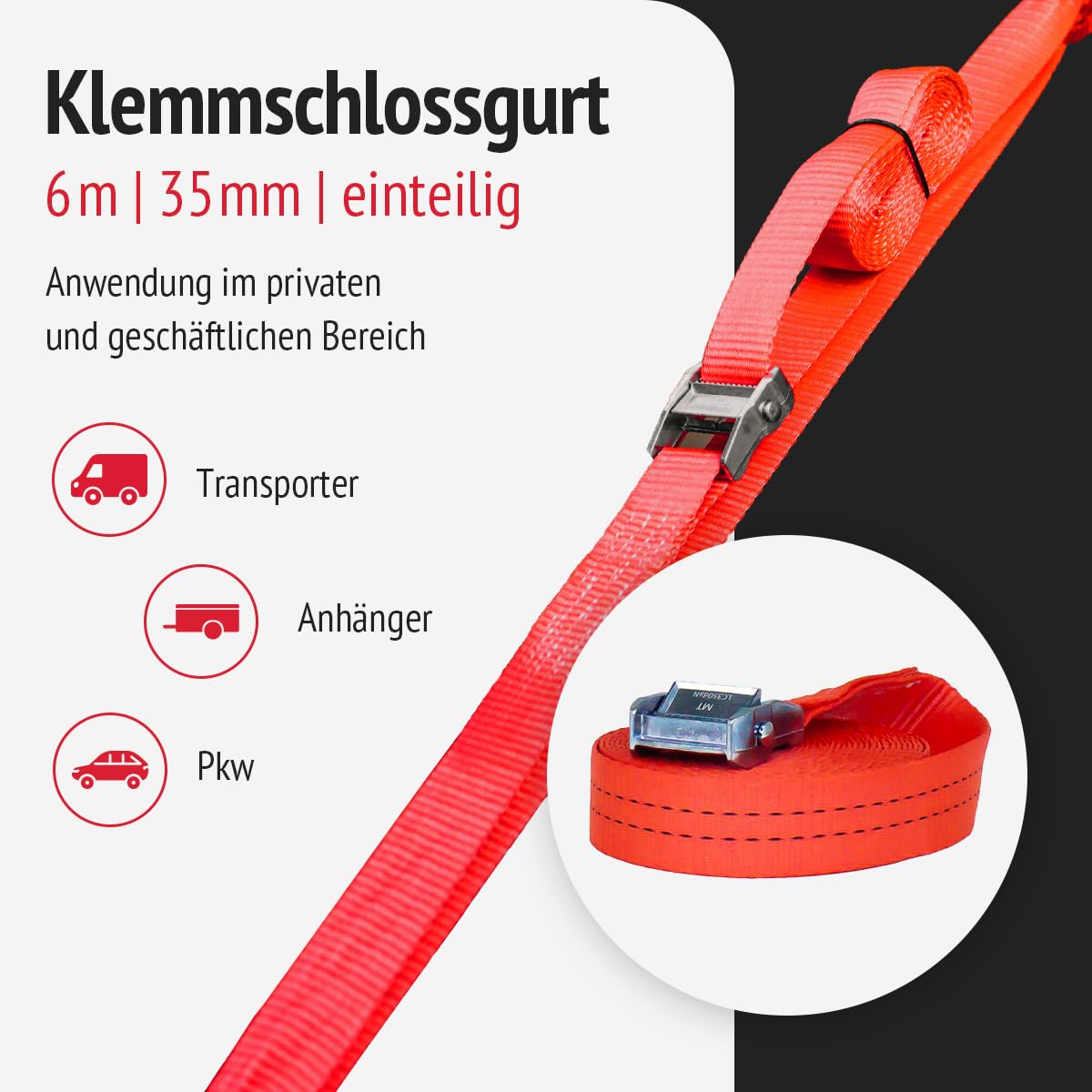 Klemmschlossgurt 35 mm | Länge 6,0m | einteilig | Set | LC 700 daN | Farbe rot | Klemmschlossgurt zur Ladungssicherung | für LKW, Anhänger und Kleintransporter (10)