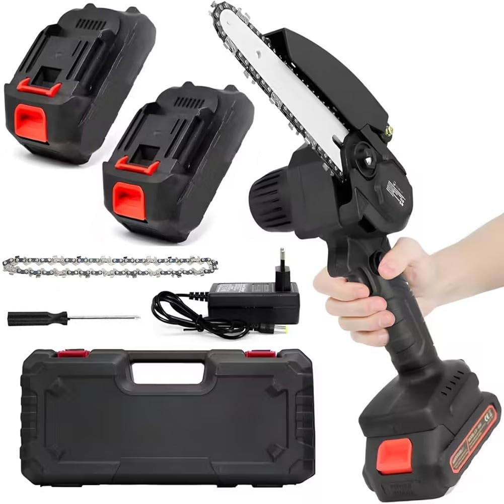 Mini Motosierra a batería portátil Sierra a batería para poda con cargador rápido + 2 baterías manejables poda sin cables corte madera ramas, doble batería 2 x 24 V