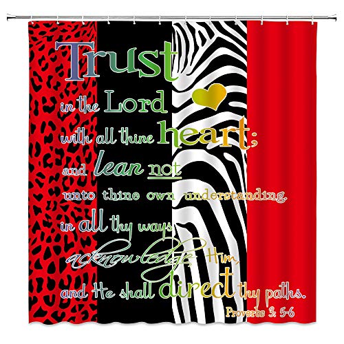 Inspirational Quote Shower Curtain Trust The Lord Modern Red Black Zebra Animal Skin Stripes Patchwork Leopard Print Geometric Splice Bath Curtain #TOP2