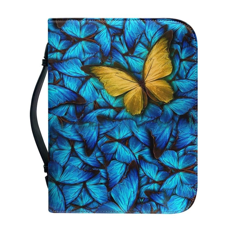 Garronmavis Butterfly Painting Bible Cover for Women Blue Morpho Zippered Bible Carrying Case, Butterflies Art Bible Carrier - M