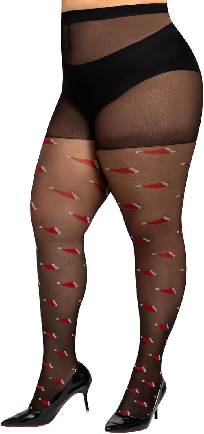 Yilanmy Plus Size Christmas Tights Black Patterned Tights for Women