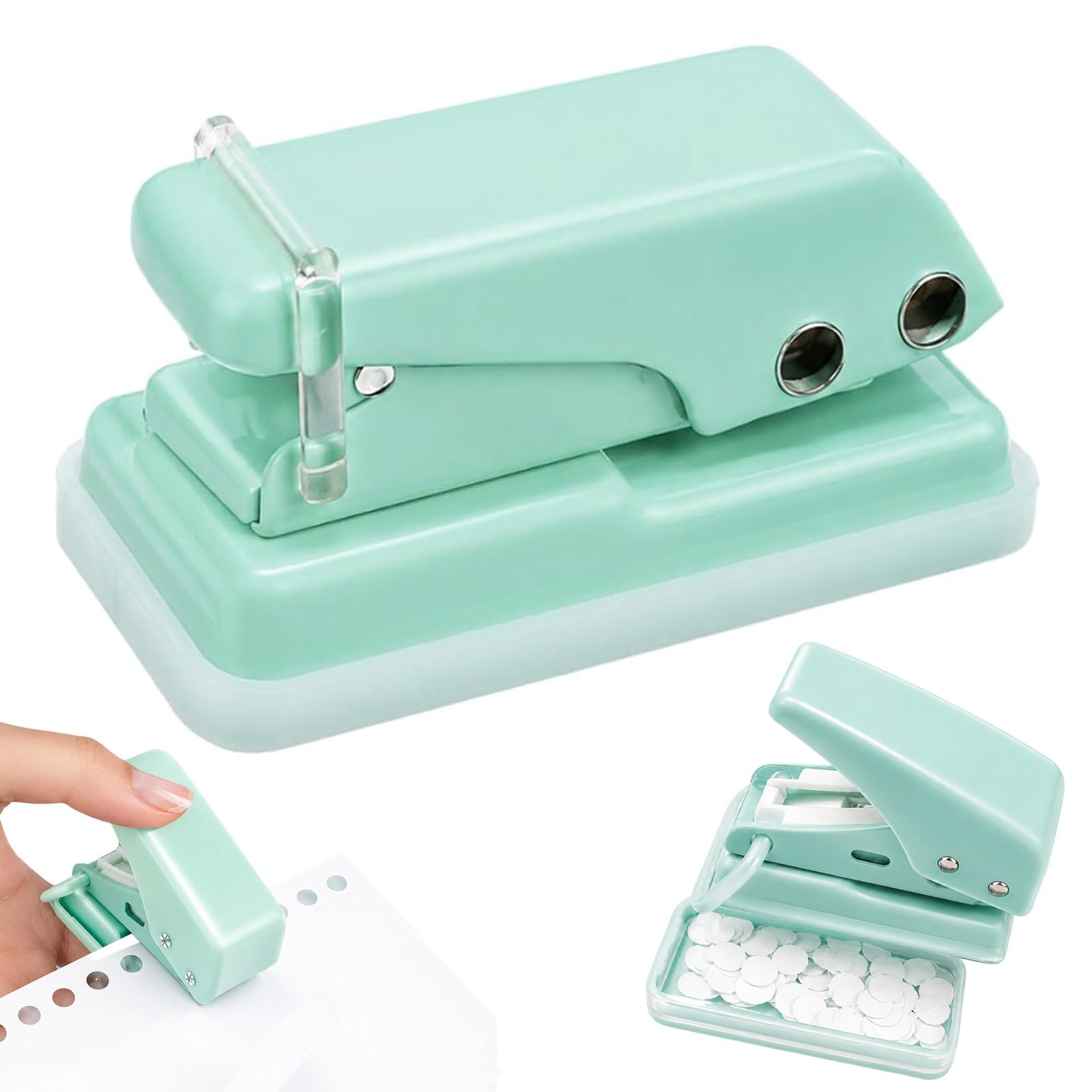 Tinminx Green Mini Single Hole Punch, 6mm Handheld Portable Hole Puncher, 10 Sheet Capacity Manual Paper Punch for Office School Home Craft Card Tag Stationery