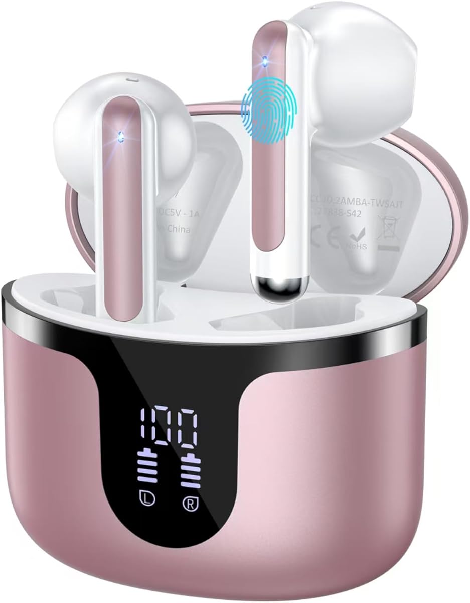 Wireless Earbuds, Bluetooth 5.3 Headphones Deep Bass Stereo Sound with ENC Noise Cancellation Wireless Headphones with 50H Playback and LED Display, IPX7 Waterproof Ear Buds Rose Gold