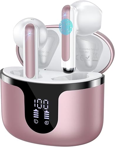 Auriculares inalámbricos, auriculares Bluetooth 5.4 estéreo de reproducción de 50 horas con pantalla LED y con micrófono ENC con cancelación de Oro