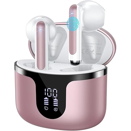 Wireless Earbuds, Bluetooth 5.3 Headphones Deep Bass Stereo Sound with ENC Noise Cancellation Wireless Headphones with 50H Playback and LED Display, IPX7 Waterproof Ear Buds Rose Gold
