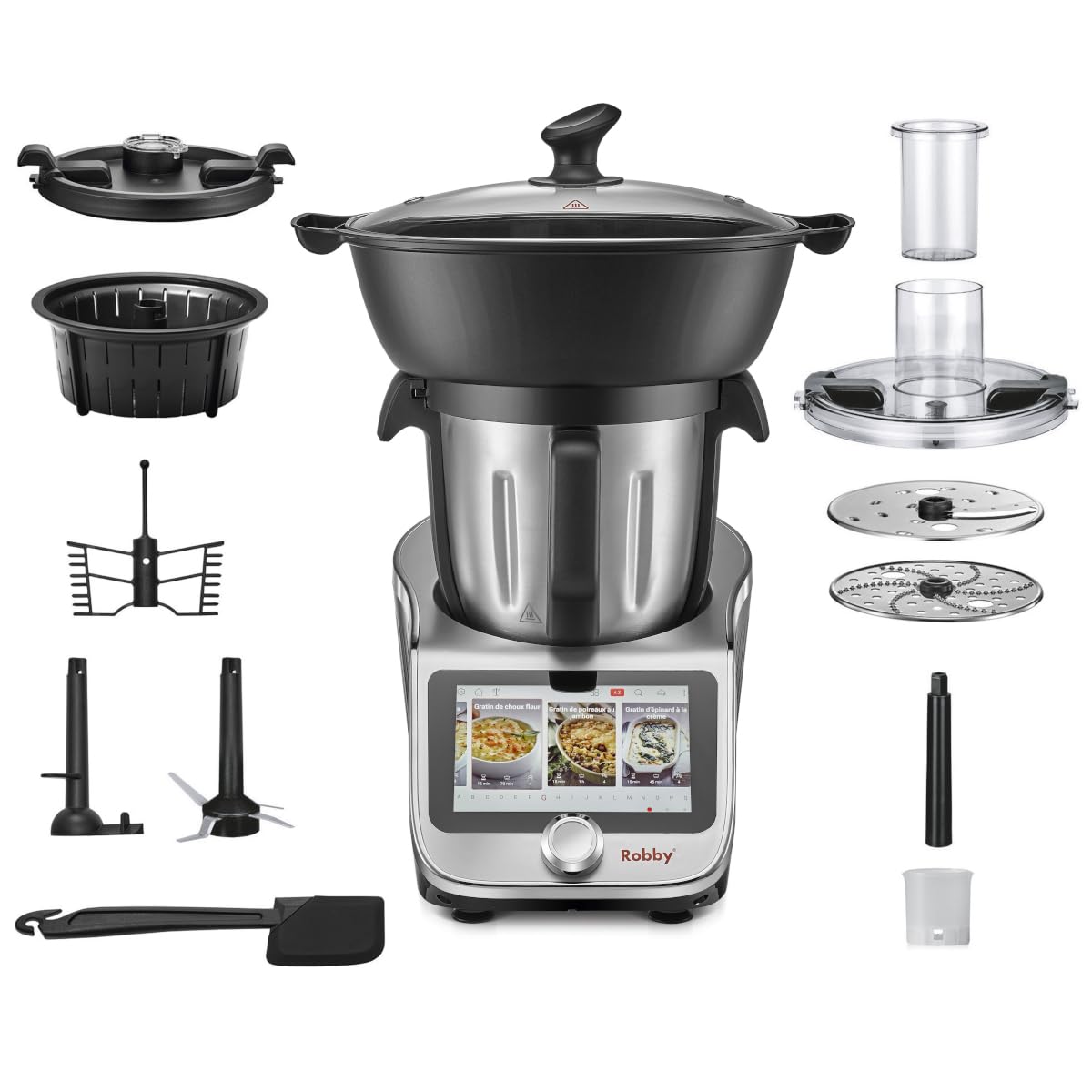 Robby - wielofunkcyjny robot kuchenny z wbudowaną wagą i ekranem dotykowym robicook (model XL, srebrny)