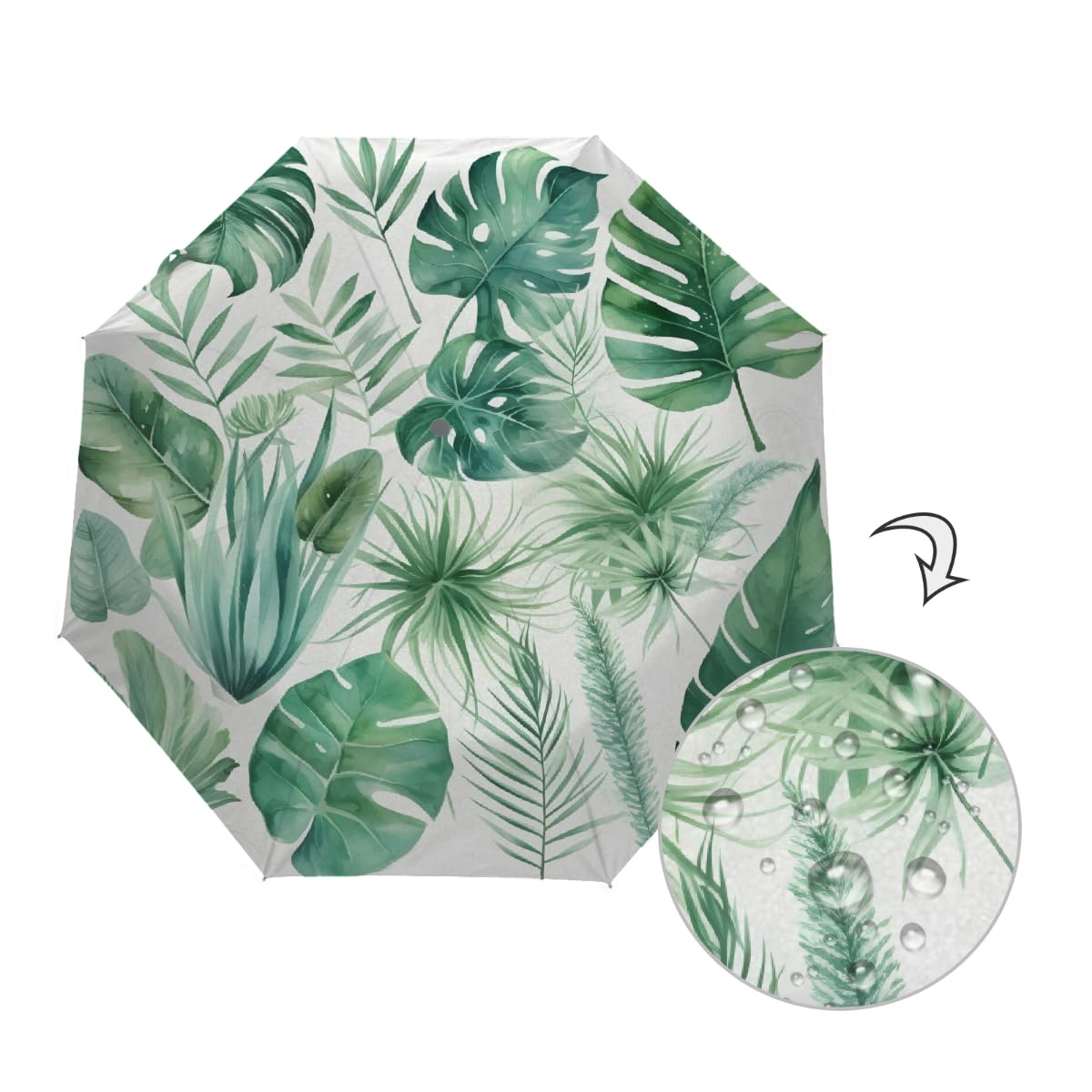 Ombrello pieghevole con foglie tropicali, ombrello da viaggio, compatto, antivento, impermeabile, con protezione UV, rivestimento nero, leggero, 8 costine, portatile, per pioggia e sole