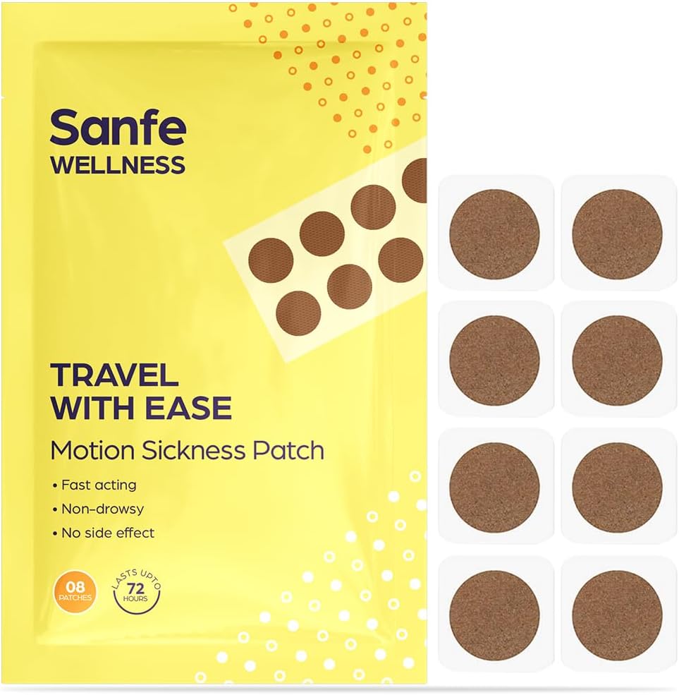 Sanfe Motion Sickness Patch | Travel with Ease | Fast acting, non-drowsy | No side effects | Lasts upto 72 hours | 8 patches, For men & women