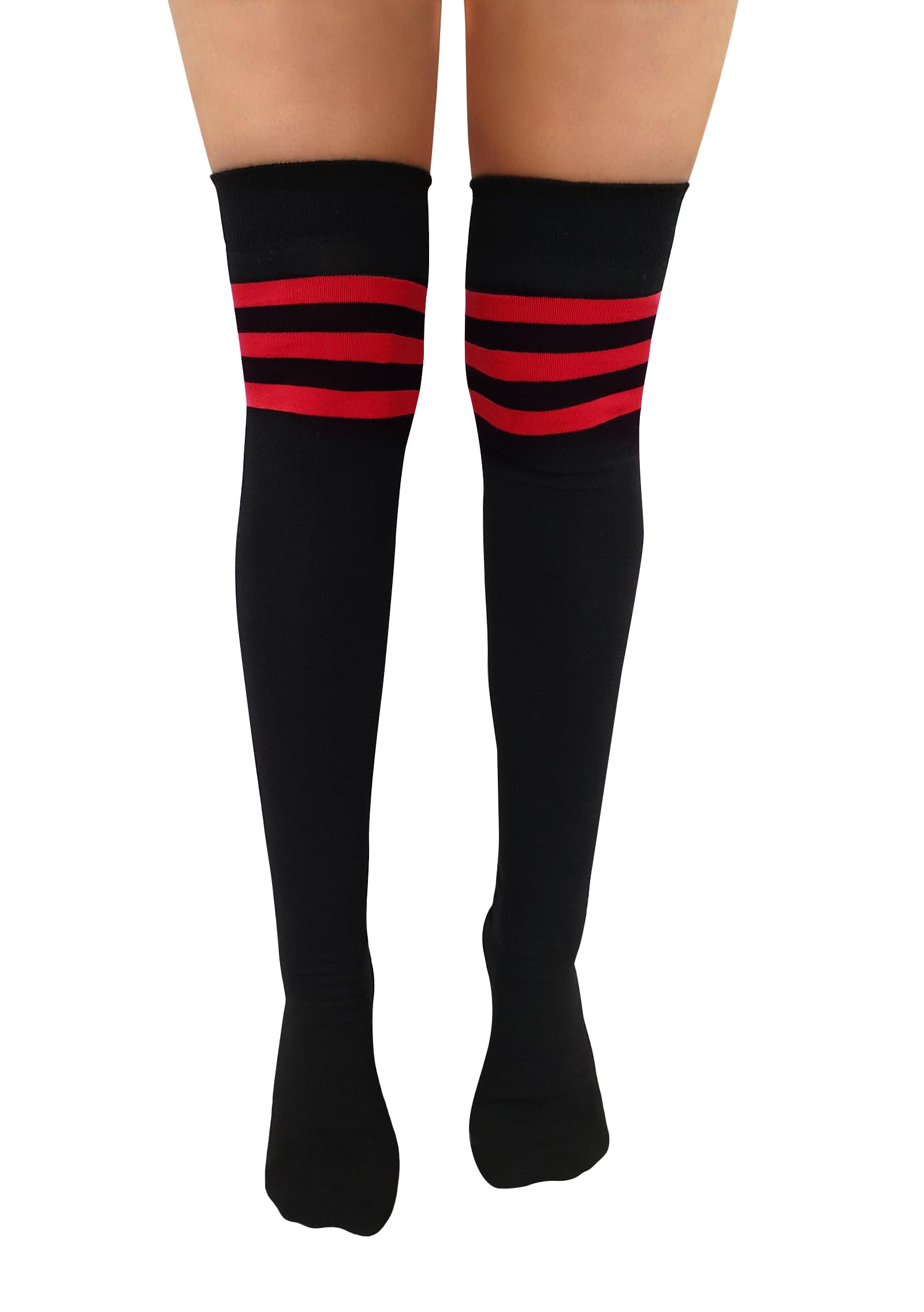 Nujake Girls Black With Red Referee Style Over The Knee Cotton Rich Socks (Black With Red)