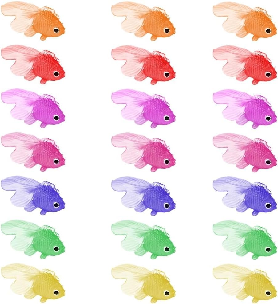 Heyumybit 21 Stück Plastik Schwimmende Fische,Dehnbare Neon Fische,Künstliche Schwimmende Fische,Weiche Gummi Goldfische für Goldfischbecken und Aquarien