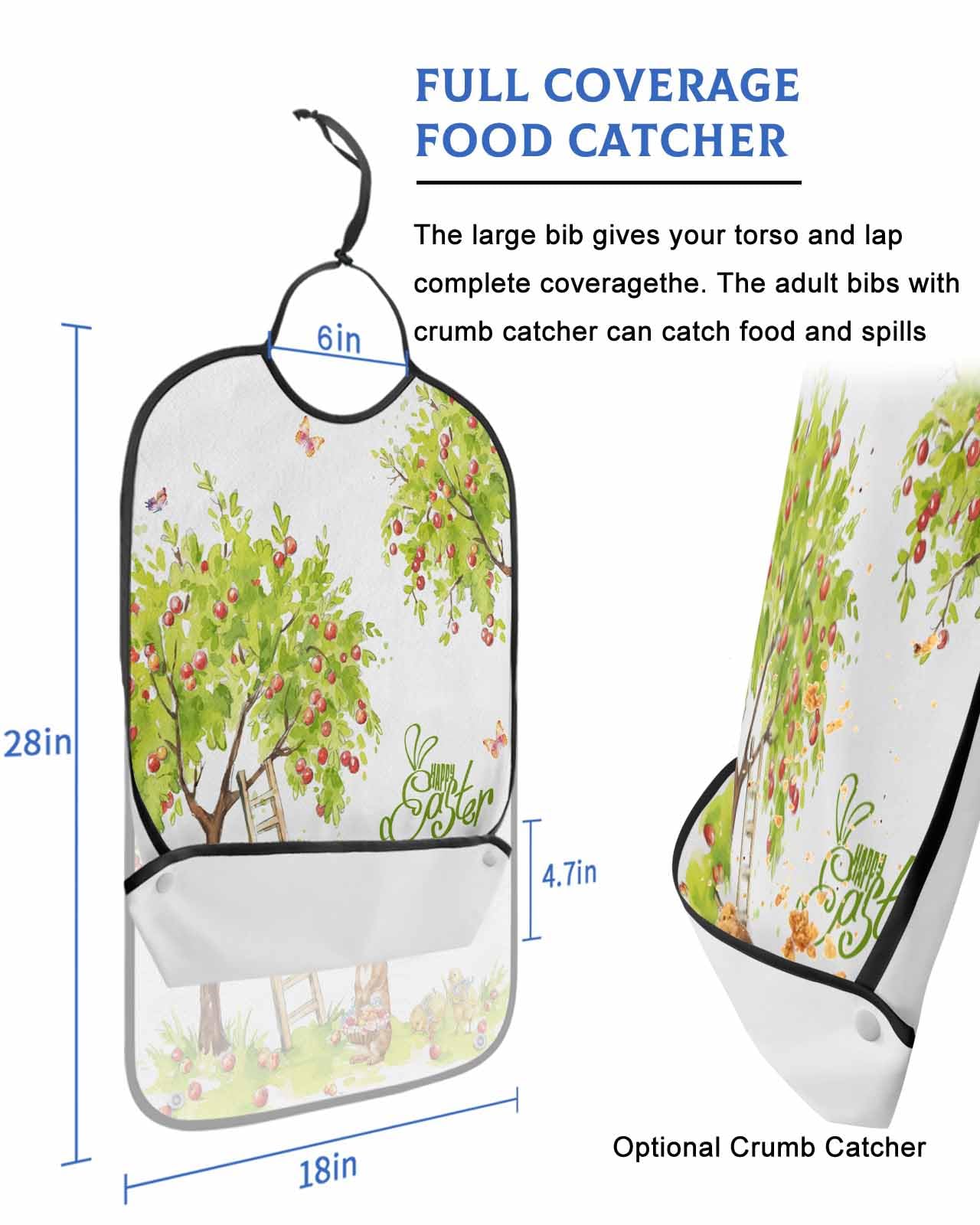 LEOKOTI Spring Easter Adult Bibs for Eating, Waterproof Bibs with Food Catcher & Adjustable Snap Closure, Bunny Green Tree Fruits Watercolor Washable Clothing Protectors Adult Bibs for Elderly