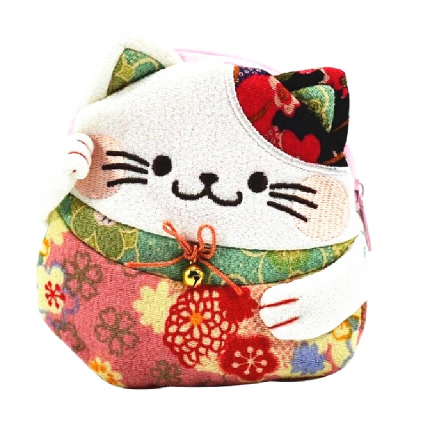 EatingBiting Japanese Style Zipper Maneki Neko Lucky Cat Chirimen Kimono Feng Shui Cat Coin Wallet Holder for Coin, Money, Credit cards keys, change, lip balm, breath mints