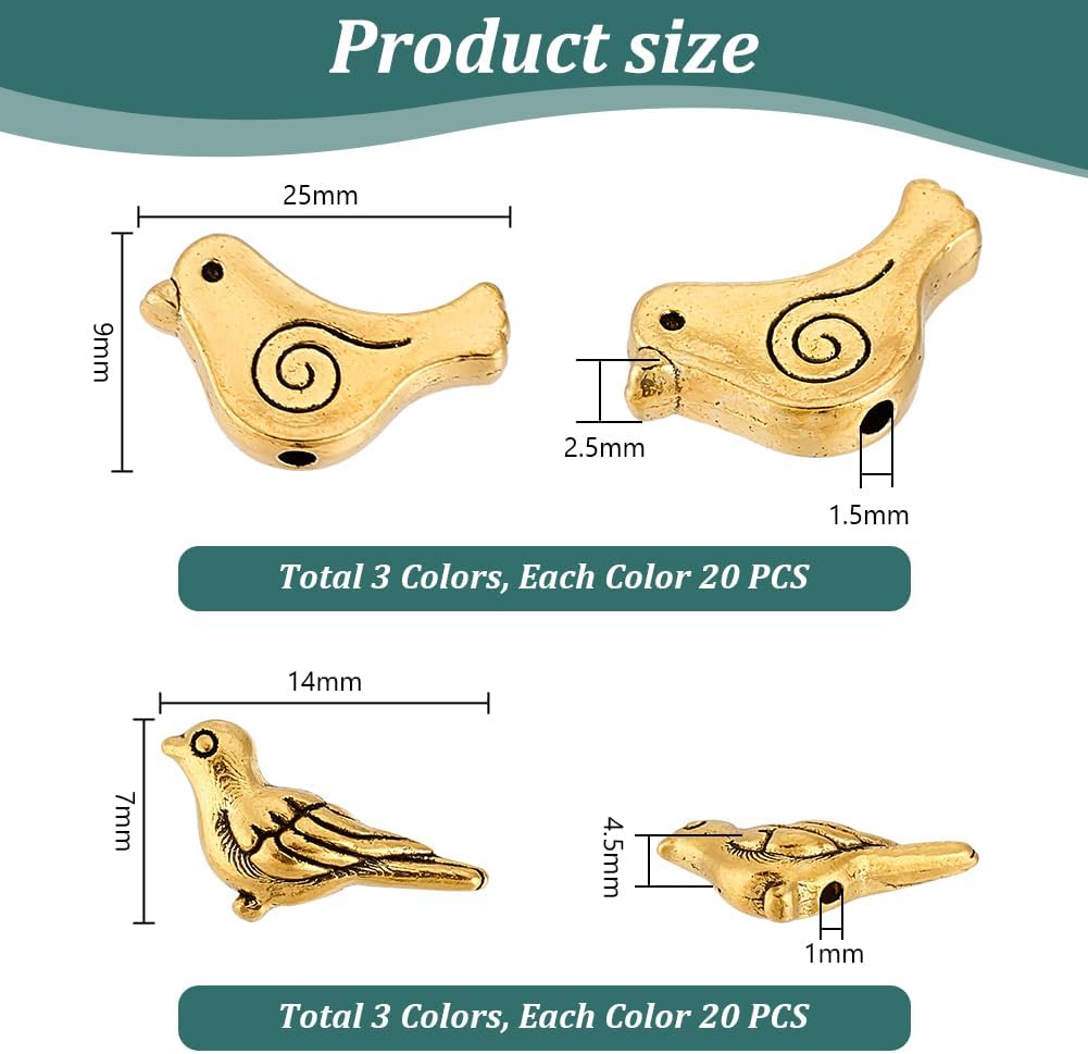 PH PandaHall 120pcs 6 Styles Bird Spacer Beads, Tibetan Alloy Animal Craft Beads for DIY Earrings, Bracelets, Necklaces, Chokers, Pendants - Image 2