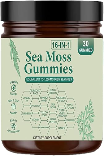Gomitas de musgo marino 16 en 1 Gomitas irlandesas de masa marina para mujeres y hombres con aceite de semilla negra, raíz de bardana, vejiga, miel