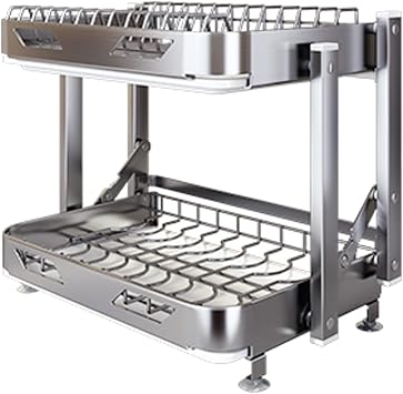 304 Stainless Steel 3 Tier Dish Drying Rack - Foldable Dish Rack with Drain Board, Utensil Holder, Cutting Board Holder - Rustproof Dish Drainer for Kitchen Countertop