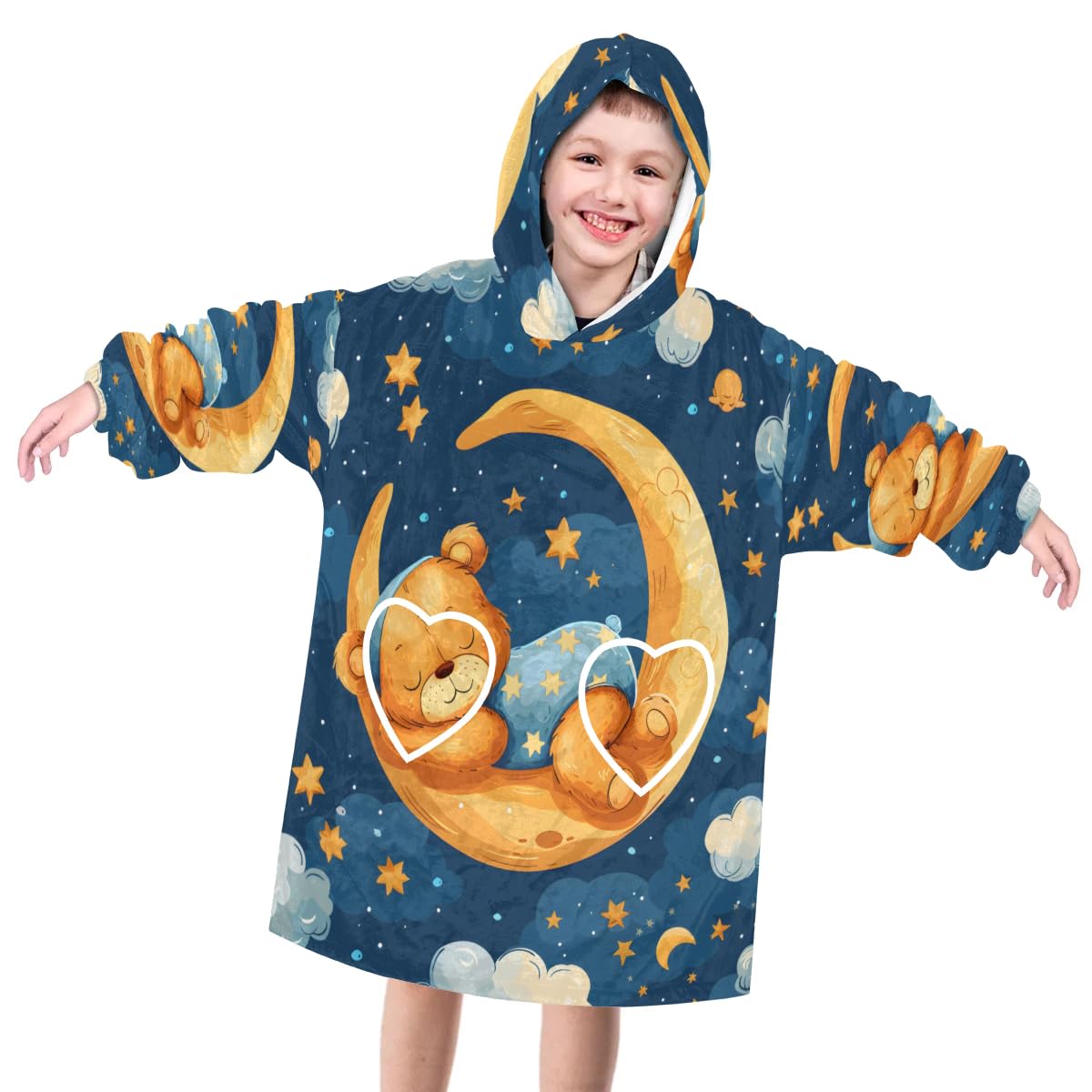 Pardick Wearable Blanket Hoodie for Kids, Moon Bears Fleece Sweatshirt Blanket Oversized Blanket Sweatshirt with Pocket Flannel Warm Hooded Blanket 6-10 Year Old Girl Boy Gift, One Size