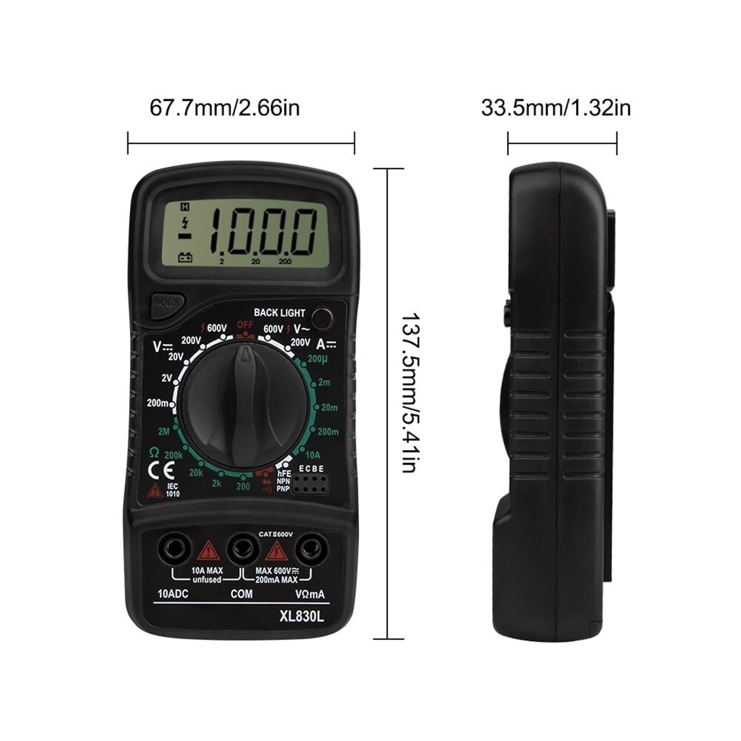 Dimensions of the XL830L Digital Multimeter, showing a length of 137.5mm (5.41in), width of 67.7mm (2.66in), and thickness of 33.5mm (1.32in).