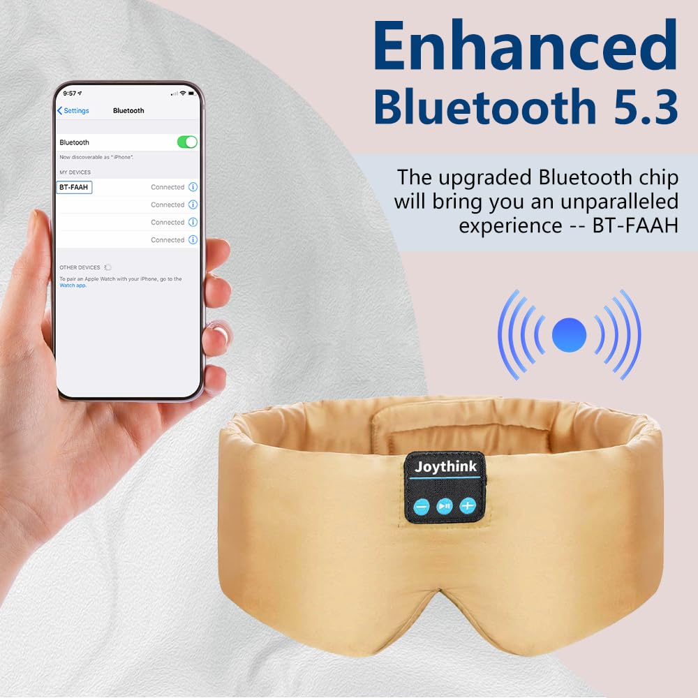 Joythink Cuffie per dormire Bluetooth Maschera per dormire Fascia di seta Auricolari Maschera per dormire sul lato Blackout Morbido Sonno Auricolari Bambini Bambini Musica Eye Cover Champagne Oro