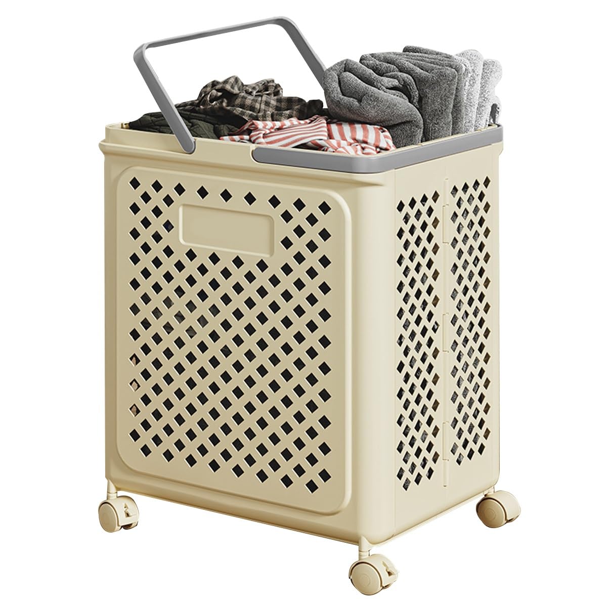 Folding Laundry Basket Household Storage,Foldable with Wheels Plastic Standing Rolling Organizer Bin Dirty