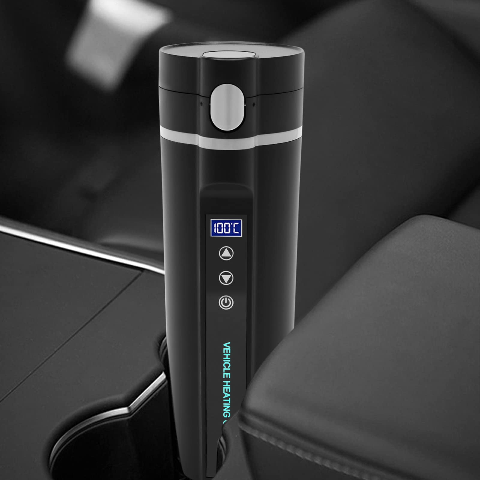 Taza de viaje eléctrica portátil, con pantalla LED, acero inoxidable 304, 450 ml, para coche de 12 V/24 V, longitud de cable de 31,49 pulgadas, para calentar y mantener caliente el agua potable, café