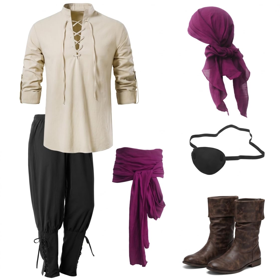 Costume da pirata da uomo, costume medievale da uomo con camicia, pantaloni, cintura con benda sull'occhio, per cosplay di feste di Halloween