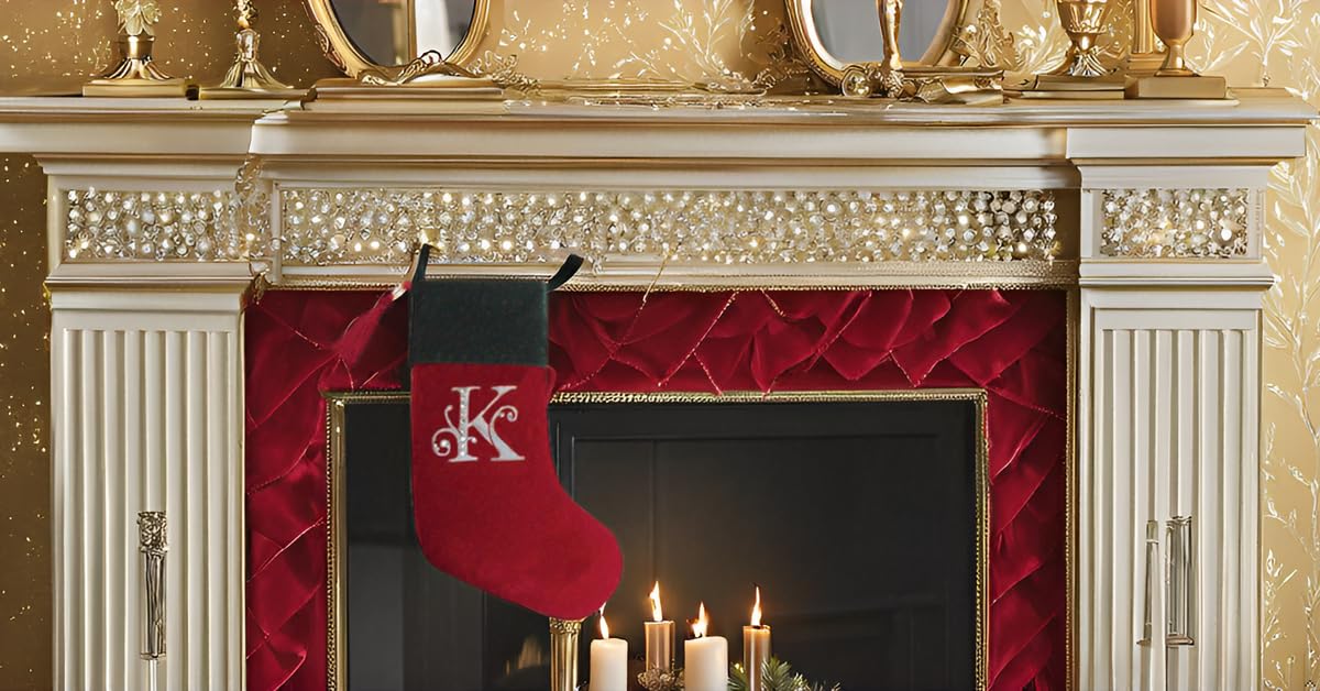 Evergreen Rot und Grün SAMT Strass Monogramm Weihnachtsstrumpf – K