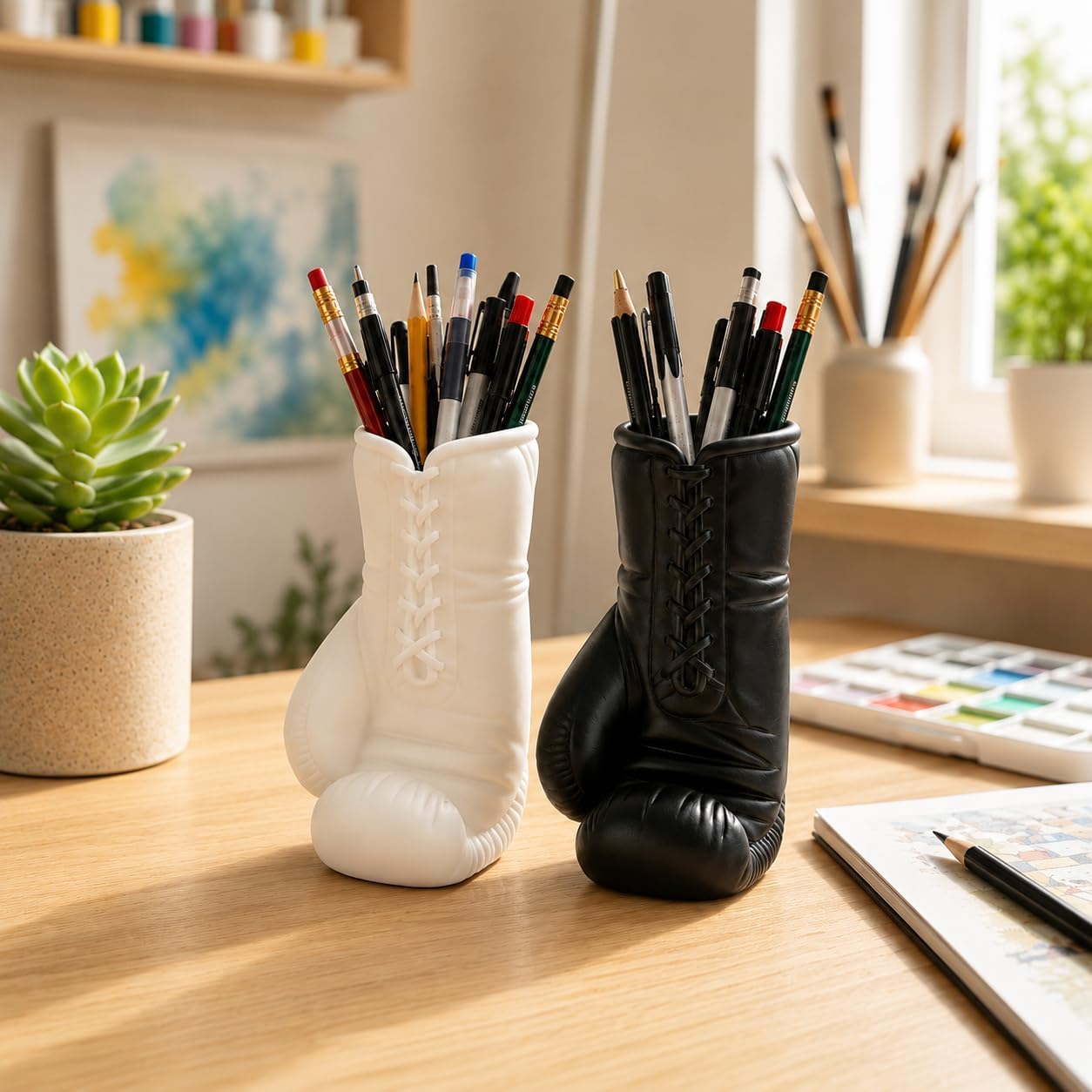 Boxing Glove Pencil Holder Decorative Sculptural Desk Organizer Compact Pen Cup for Office Art Studio Home, Black