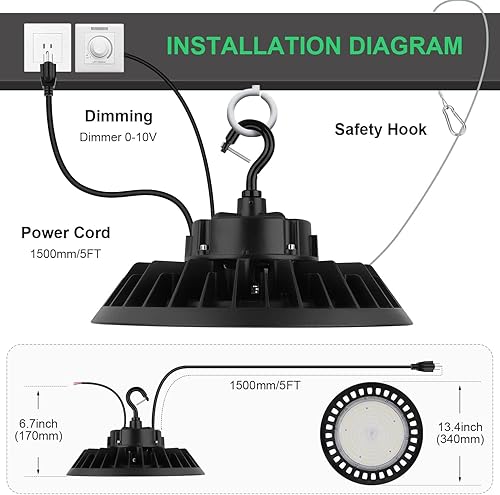 Miniatura 5 de BFT UFO - Luz LED de alta bahía de 150 W, 22500 lm, 0 a 10 V, regulable 5000 K, reemplazo de 600 W HIDHPS, cable de 5 pies con enchufe, gancho