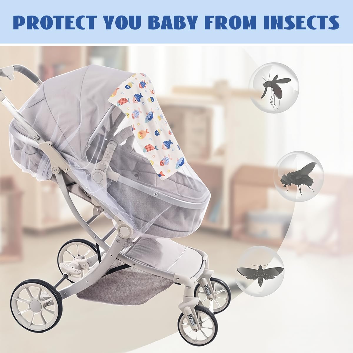 SNOWIE SOFT® Mosquito Net for Stroller Breathable Fine Mesh with Button-up Removable Shield Curtain,Mosquito Net with Elastic Edge,Universal for Strollers Bassinets Mini Crib Cradles - Image 2 thumbnail