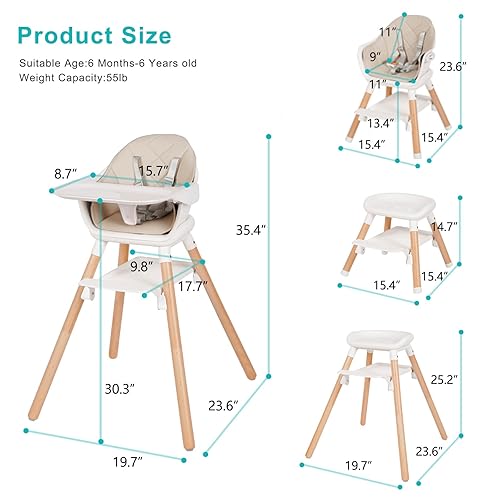 Miniatura 7 de Komcot Silla alta para bebé, sillas altas convertibles de madera 6 en 1 para bebés y niños pequeños, asiento elevador con doble bandeja y reposapiés