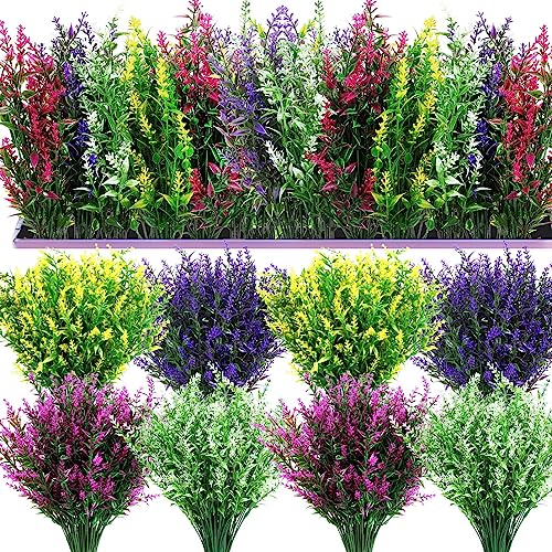 Xinnun 48 Bundles Artificial Plants Lavender Flowers Outdoor UV Resistant Artificial Fake Flowers Bulk Greenery No Fade Plastic Faux Plants for Spring Summer Porch Hanging Indoor Outdoor Decorations