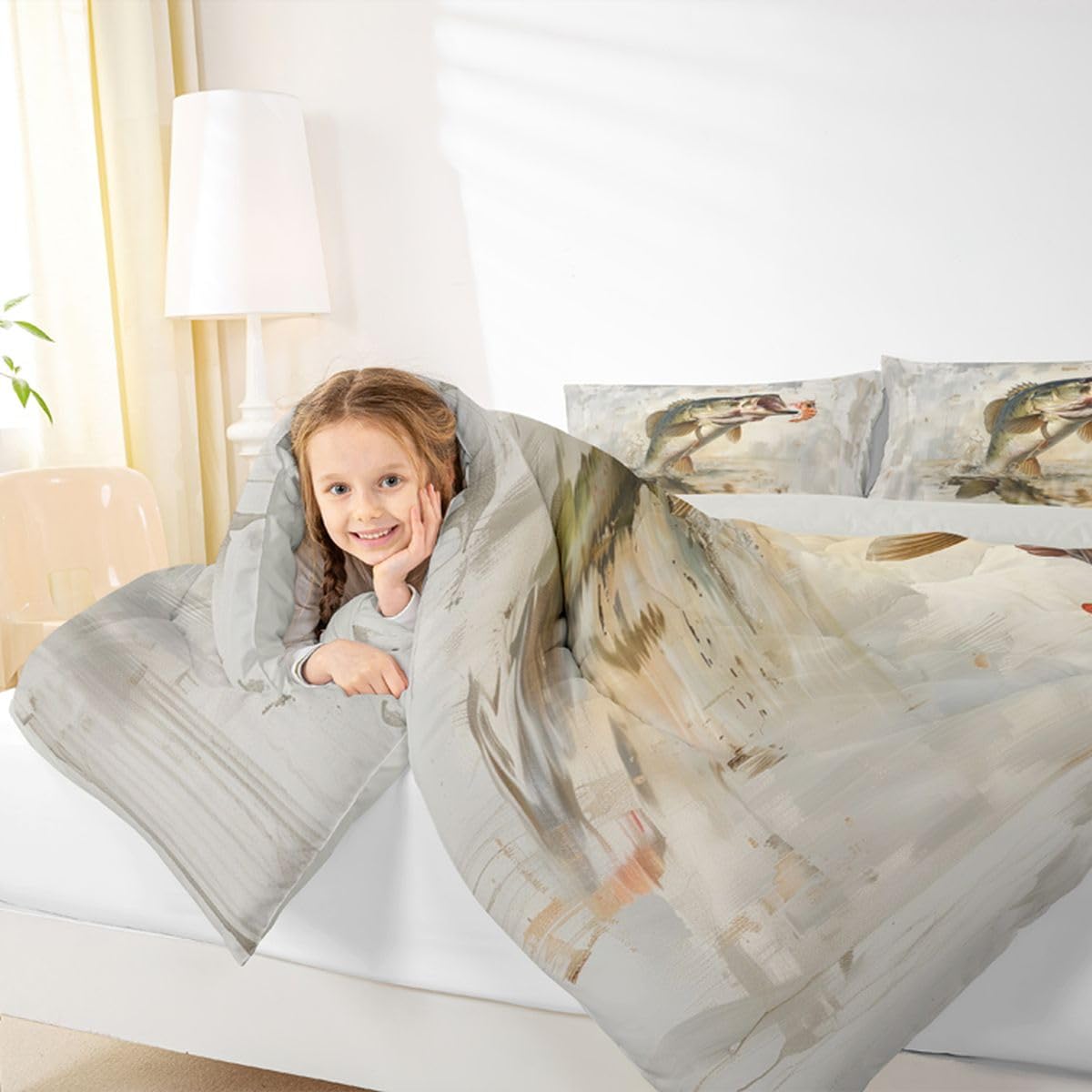 Homemissing Bass Fish Letto Trapuntato Caccia E Pesca Per Ragazzi Ragazze Country Lodge Set Piumini 230x220cm 3 Pezzi Room Decor