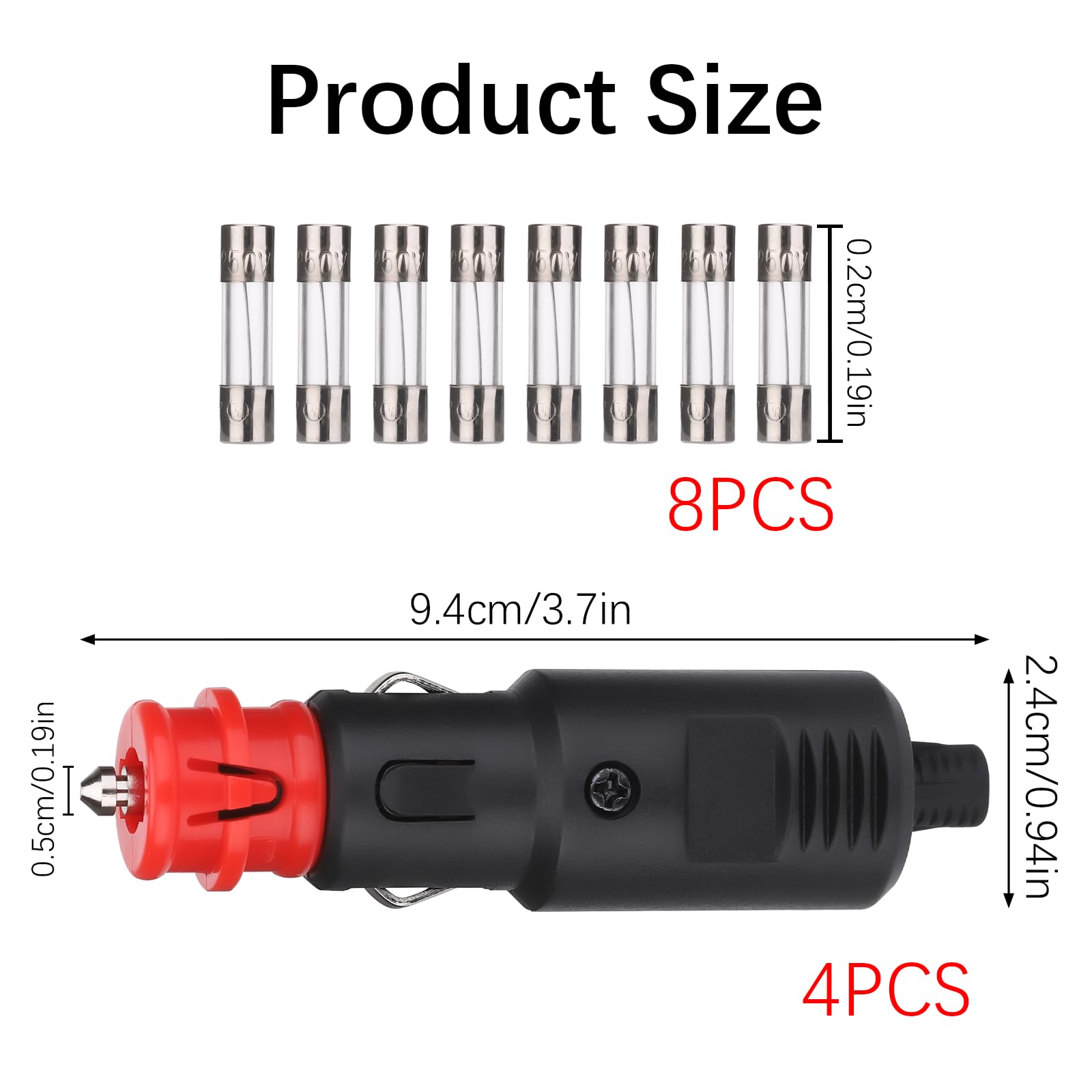 4 stuks sigarettenaansteker, mannelijk, 12 V/24 V, mannelijke adapter voor Europese sigarettenaanstekers, universeel, met zekering 8 A, 10 A, voor camping, auto, boot, motorfiets, vrachtwagen