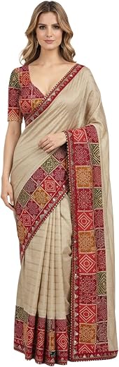 StyleScope Multicolour Bandhani Patta with Lace Border Zari Work Dola Silk Saree With Unstitch Blouse Piece (Bandhani Patt...