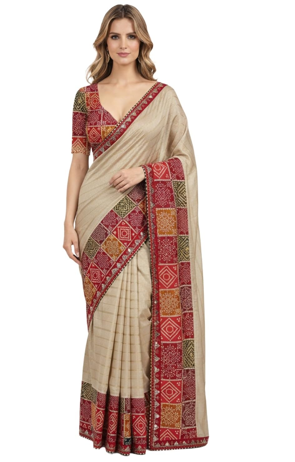 StyleScope Multicolour Bandhani Patta with Lace Border Zari Work Dola Silk Saree With Unstitch Blouse Piece (Bandhani Patt...