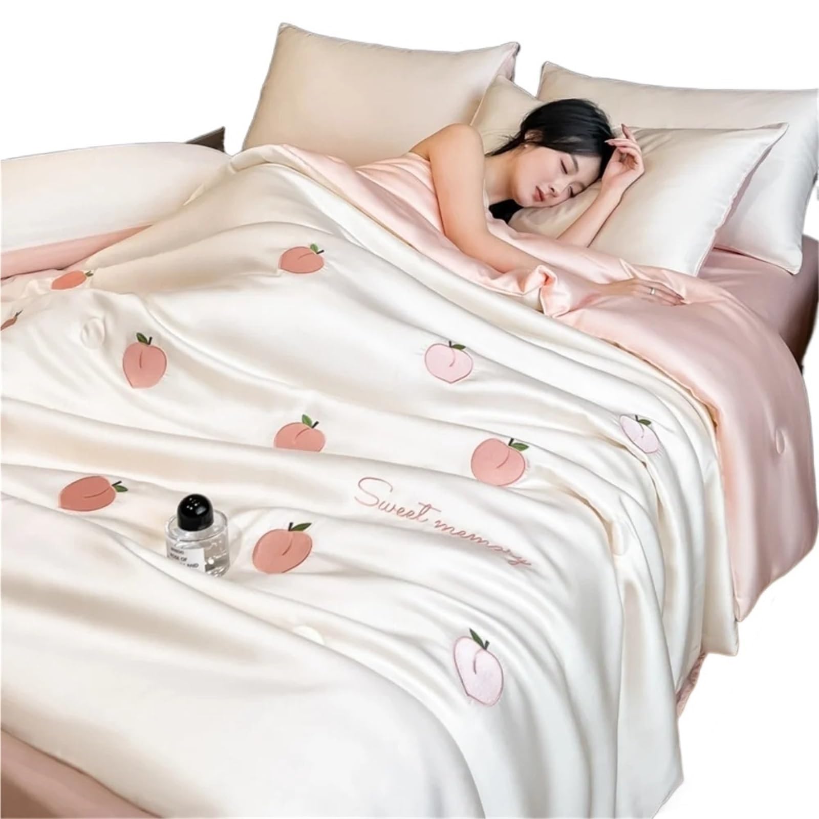 UALXPAO silk bedding Cool Summer Ice Silk Quilt Four-Piece Sets Embroidery Thin Bed Sheet With Pillowcases Air Conditioner Bedding Set(03 Pink,180x220cm 4pcs)