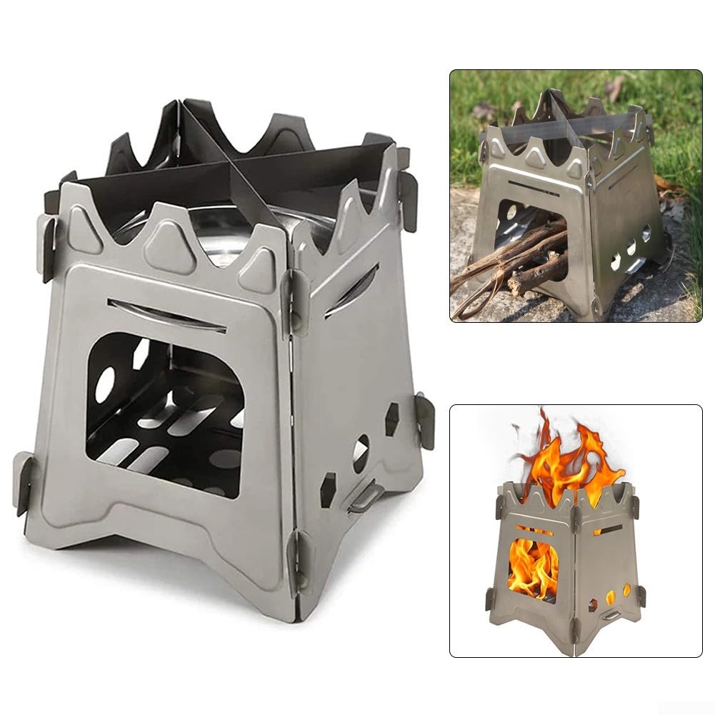 DAZZLEEX Réchaud à bois de titane pliable ultraléger avec plateau en acier inoxydable pour camping, randonnée, randonnée en plein air, brûleur de cuisine grande taille (L)