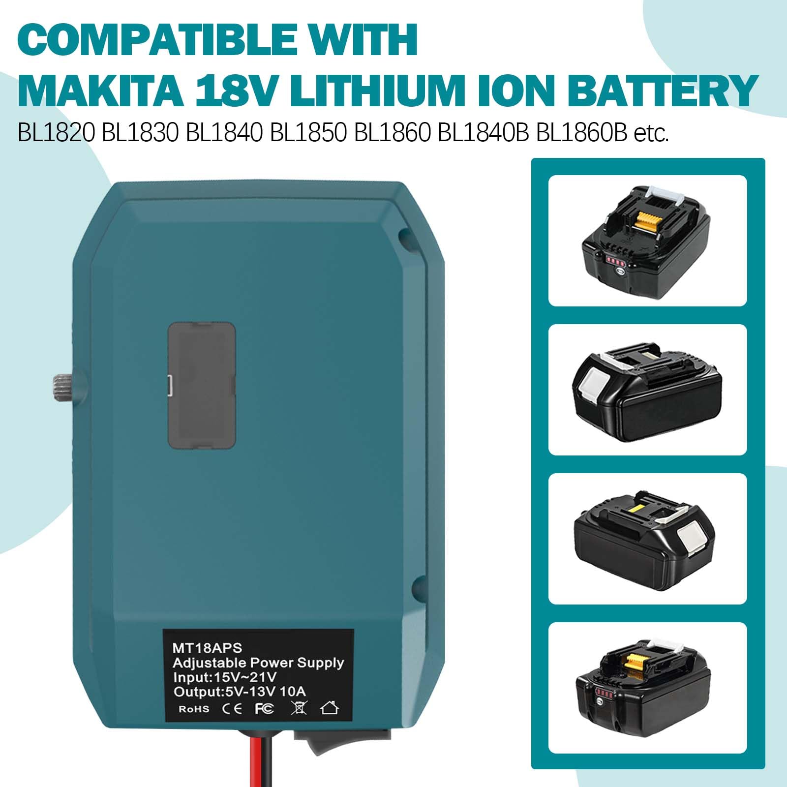 Convertitore step down per Makita 18 V a 12 V, convertitore fai da te con uscita massima 5 V-13 V, 10 A, presa leggera per dispositivi auto (convertitore only)